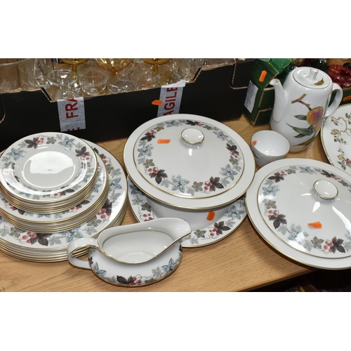 443 - TWO BOXES AND LOOSE CERAMICS AND GLASS ETC, to include Royal Doulton 'Camelot' part dinner service c... 