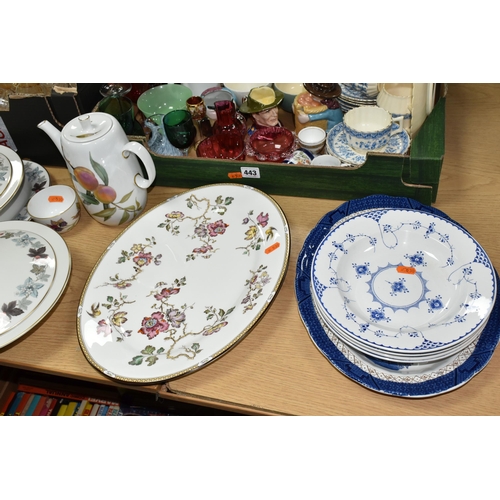 443 - TWO BOXES AND LOOSE CERAMICS AND GLASS ETC, to include Royal Doulton 'Camelot' part dinner service c... 