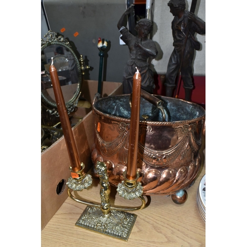 444 - A BOX AND LOOSE METAL WARES ETC, to include a copper jardiniere, horse brasses, brass ornaments, wal... 