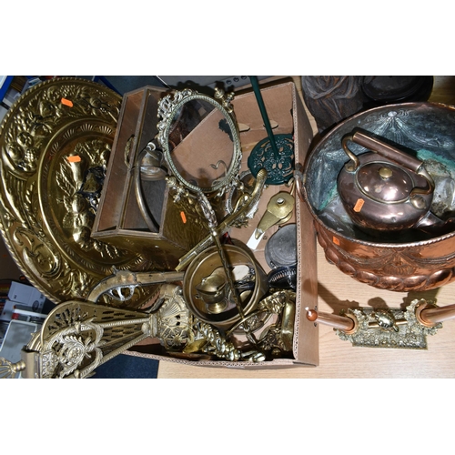 444 - A BOX AND LOOSE METAL WARES ETC, to include a copper jardiniere, horse brasses, brass ornaments, wal... 