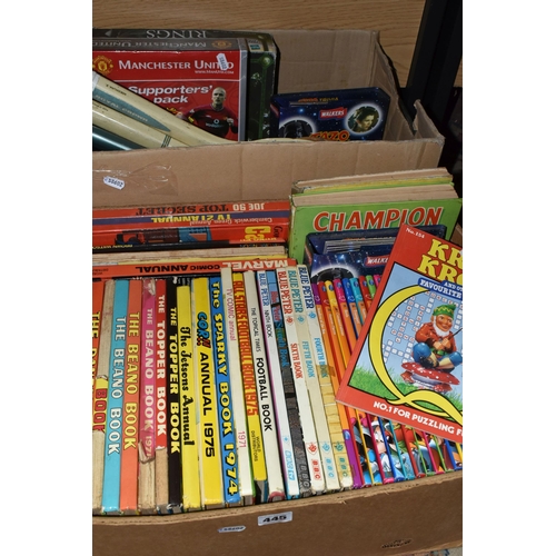 445 - TWO BOXES OF BOOKS & GAMES containing forty-nine children's books (Wonderful World of Knowledge, Ann... 