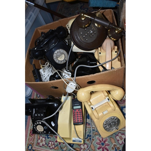 446 - A BOX OF VINTAGE TELEPHONES, to include rotary dial  examples 706L, 746, 706F, 8746G, Freeway push b... 