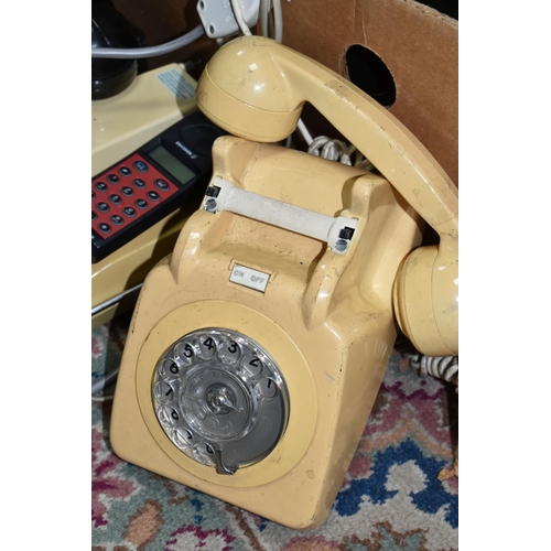 446 - A BOX OF VINTAGE TELEPHONES, to include rotary dial  examples 706L, 746, 706F, 8746G, Freeway push b... 