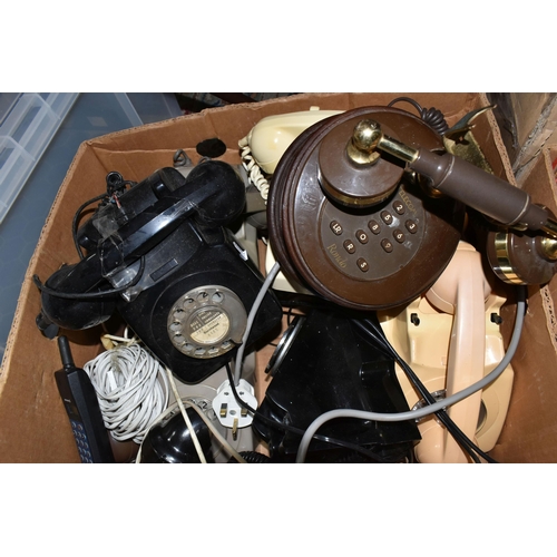 446 - A BOX OF VINTAGE TELEPHONES, to include rotary dial  examples 706L, 746, 706F, 8746G, Freeway push b... 