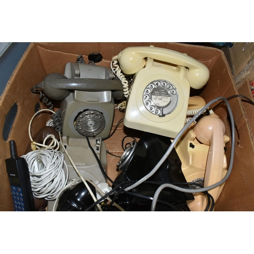 446 - A BOX OF VINTAGE TELEPHONES, to include rotary dial  examples 706L, 746, 706F, 8746G, Freeway push b... 