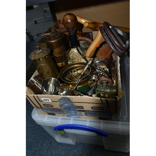 447 - A SMALL QUANTITY OF ASSORTED ITEMS, to include two miners safety lamps, a Thomas & Williams example ... 