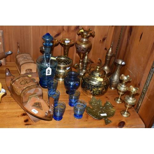 456 - A GROUP OF MIDDLE EASTERN STYLE BRASSWARE, AND VENEITIAN GLASS APERITIF SET, comprising a blue glass... 