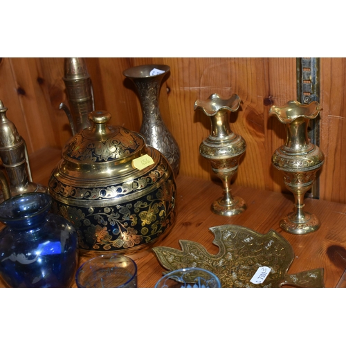 456 - A GROUP OF MIDDLE EASTERN STYLE BRASSWARE, AND VENEITIAN GLASS APERITIF SET, comprising a blue glass... 