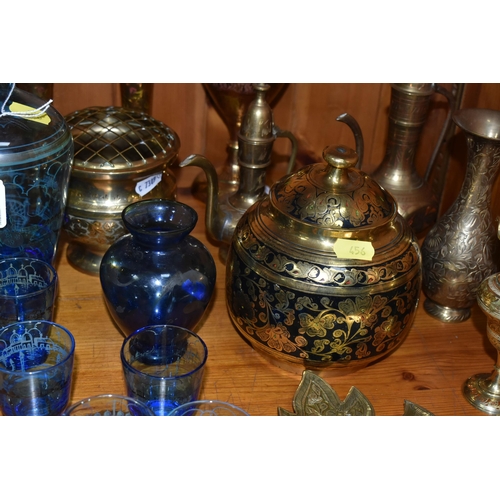 456 - A GROUP OF MIDDLE EASTERN STYLE BRASSWARE, AND VENEITIAN GLASS APERITIF SET, comprising a blue glass... 