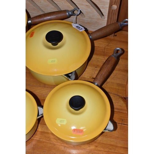 457 - A COLLECTION OF LIDDED LE CREUSET SAUCEPANS IN 'SOLEIL YELLOW', five graduated lidded saucepans, com... 