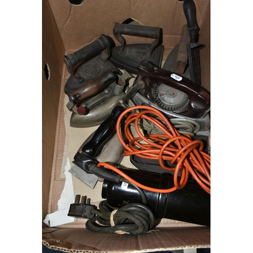 463 - ONE BOX OF ASSORTED VINTAGE IRONS, to include a 1947 Veret Ltd electric brown  Bakelite bedwarmer, a... 