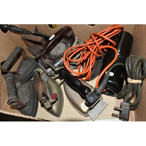 463 - ONE BOX OF ASSORTED VINTAGE IRONS, to include a 1947 Veret Ltd electric brown  Bakelite bedwarmer, a... 