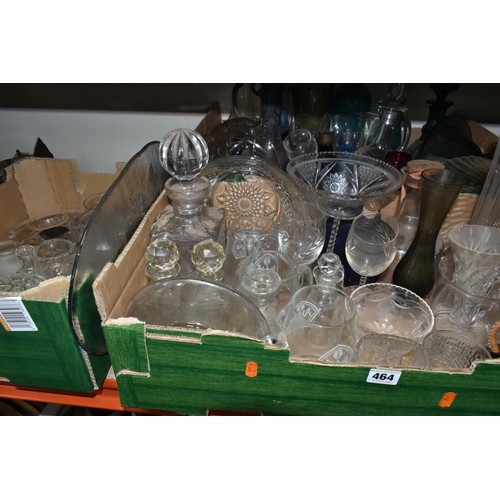 464 - THREE BOXES OF GLASSWARE, to include flower frogs, vases, jugs, decanters, vases, measuring jugs and... 