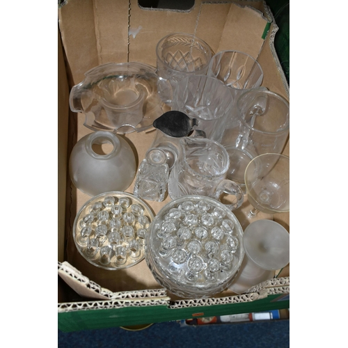 464 - THREE BOXES OF GLASSWARE, to include flower frogs, vases, jugs, decanters, vases, measuring jugs and... 