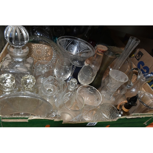 464 - THREE BOXES OF GLASSWARE, to include flower frogs, vases, jugs, decanters, vases, measuring jugs and... 