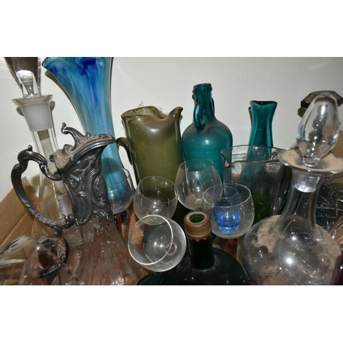 464 - THREE BOXES OF GLASSWARE, to include flower frogs, vases, jugs, decanters, vases, measuring jugs and... 