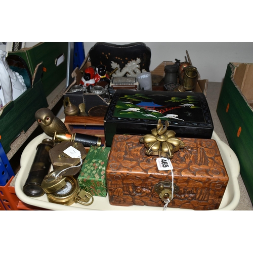 465 - ONE BOX OF BRASSWARE AND SUNDRIES, to include a T.G Co. Ltd. brass compass, a pocket telescope made ... 