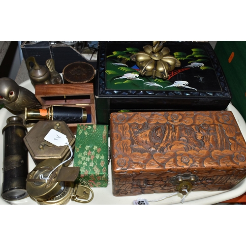 465 - ONE BOX OF BRASSWARE AND SUNDRIES, to include a T.G Co. Ltd. brass compass, a pocket telescope made ... 