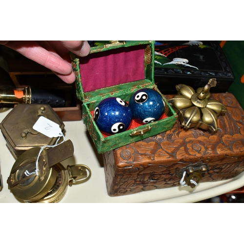 465 - ONE BOX OF BRASSWARE AND SUNDRIES, to include a T.G Co. Ltd. brass compass, a pocket telescope made ... 