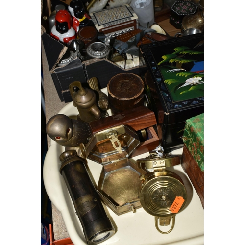 465 - ONE BOX OF BRASSWARE AND SUNDRIES, to include a T.G Co. Ltd. brass compass, a pocket telescope made ... 