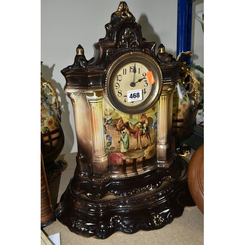 468 - A VICTORIAN PORCELAIN CLOCK GARNITURE, comprising a brown gilt porcelain mantel clock and a brown gi... 