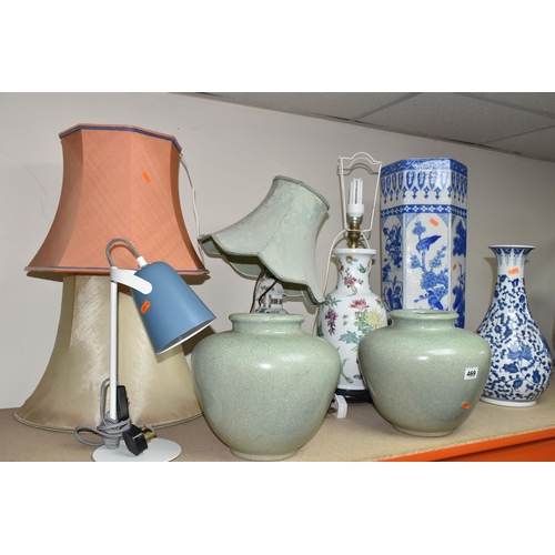 469 - GROUP OF  LARGE VASES, UMBRELLA STAND AND TABLE LAMPS, comprising two Oriental porcelain table lamp ... 