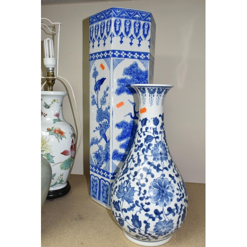 469 - GROUP OF  LARGE VASES, UMBRELLA STAND AND TABLE LAMPS, comprising two Oriental porcelain table lamp ... 