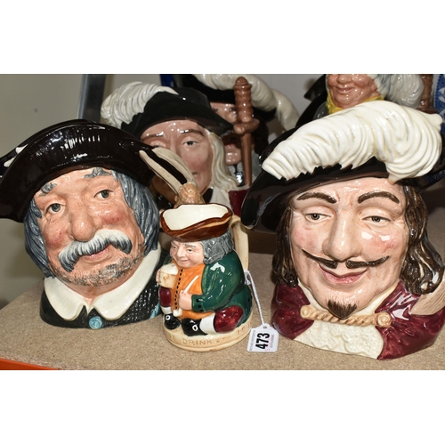 473 - FIVE ROYAL DOULTON CHARACTER JUGS AND TWO TOBY JUGS, comprising a 'Honest Measure' (large crack and ... 