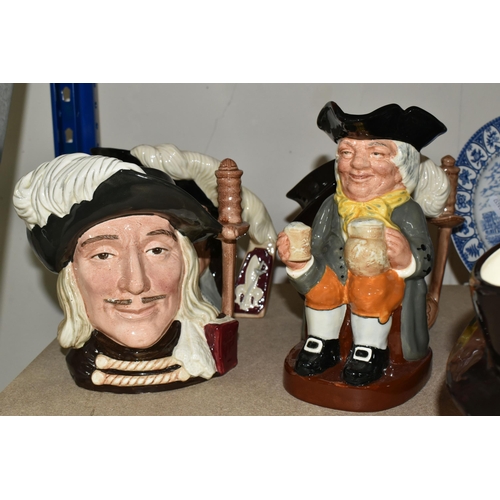 473 - FIVE ROYAL DOULTON CHARACTER JUGS AND TWO TOBY JUGS, comprising a 'Honest Measure' (large crack and ... 