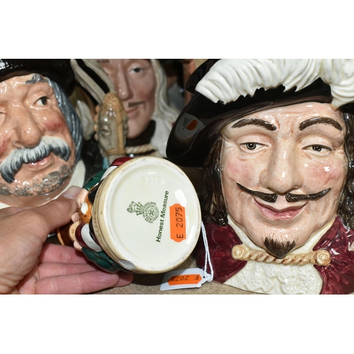 473 - FIVE ROYAL DOULTON CHARACTER JUGS AND TWO TOBY JUGS, comprising a 'Honest Measure' (large crack and ... 