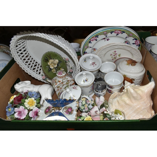 474 - FOUR BOXES OF CERAMICS, to include a milkglass covered egg basket (chipped beak), a blue and white c... 