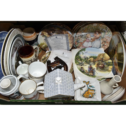 475 - TWO BOXES OF CERAMICS AND GLASSWARE, to include a German stein collection, five Wedgwood 'Country Da... 