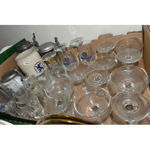 475 - TWO BOXES OF CERAMICS AND GLASSWARE, to include a German stein collection, five Wedgwood 'Country Da... 