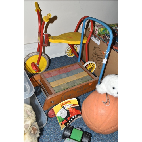 477 - A QUANTITY OF VINTAGE TOYS, TRIKE AND BABY WALKER, to include a wooden Tri-Ang baby walker complete ... 