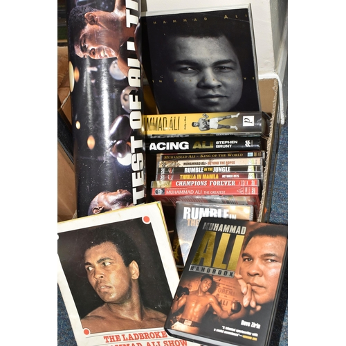 481 - ONE BOX OF BOXING/MUHAMMAD ALI EPHEMERA comprising seven Ali DVD'S (one duplicate) five books, The 1... 