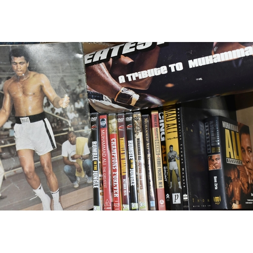 481 - ONE BOX OF BOXING/MUHAMMAD ALI EPHEMERA comprising seven Ali DVD'S (one duplicate) five books, The 1... 