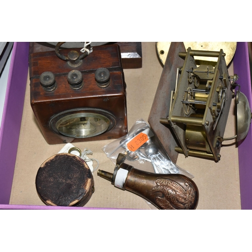 485 - A BOX OF GAUGES, CLOCK PARTS AND SILVER ETC, comprising  a White of Glasgow Victorian pocket baromet... 