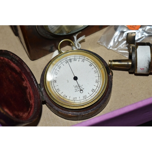 485 - A BOX OF GAUGES, CLOCK PARTS AND SILVER ETC, comprising  a White of Glasgow Victorian pocket baromet... 