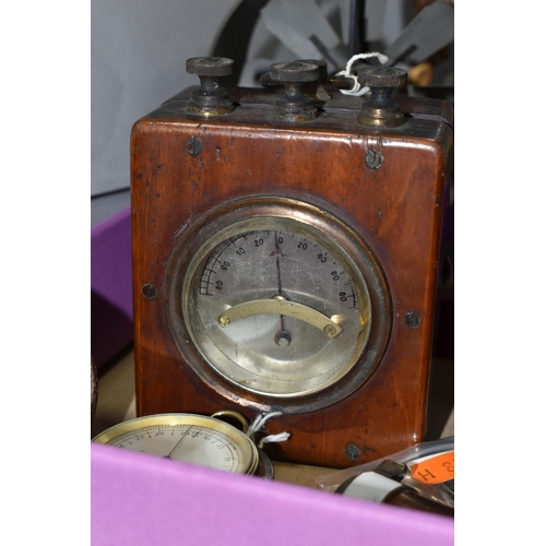 485 - A BOX OF GAUGES, CLOCK PARTS AND SILVER ETC, comprising  a White of Glasgow Victorian pocket baromet... 