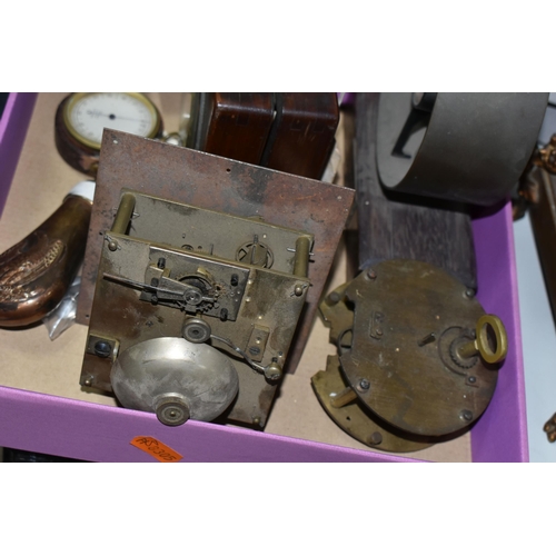 485 - A BOX OF GAUGES, CLOCK PARTS AND SILVER ETC, comprising  a White of Glasgow Victorian pocket baromet... 