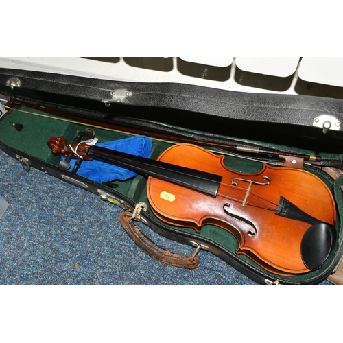 493 - TWO MUSICAL INSTRUMENTS, comprising a Chinese violin with Skylark hard case, approximate length of b... 