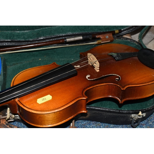 493 - TWO MUSICAL INSTRUMENTS, comprising a Chinese violin with Skylark hard case, approximate length of b... 