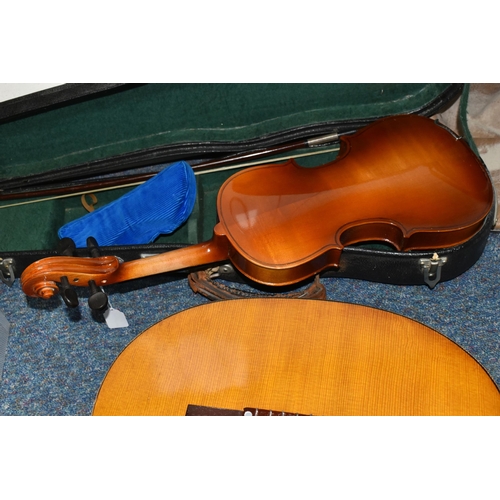 493 - TWO MUSICAL INSTRUMENTS, comprising a Chinese violin with Skylark hard case, approximate length of b... 