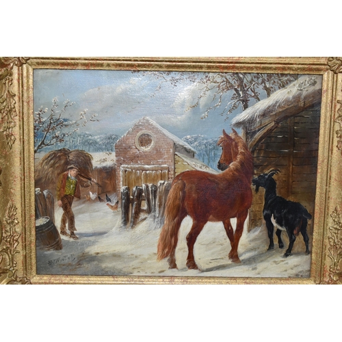 494 - HENRY CHARLES WOOLLETT (ACTIVE 1851-1898) A WINTER FARMYARD SCENE, depicting a farmer bringing hay t... 