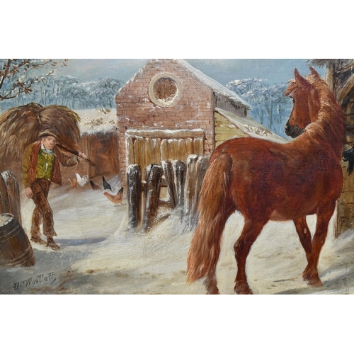 494 - HENRY CHARLES WOOLLETT (ACTIVE 1851-1898) A WINTER FARMYARD SCENE, depicting a farmer bringing hay t... 