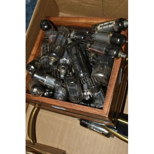 507 - THREE BOXES OF VINTAGE CAR PARTS AND ACCESSORIES ETC, to include four glass bowl fuel pumps, an AC t... 