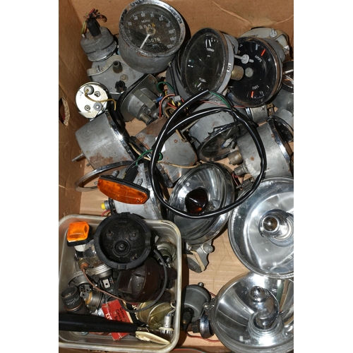 507 - THREE BOXES OF VINTAGE CAR PARTS AND ACCESSORIES ETC, to include four glass bowl fuel pumps, an AC t... 