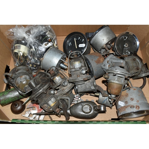 507 - THREE BOXES OF VINTAGE CAR PARTS AND ACCESSORIES ETC, to include four glass bowl fuel pumps, an AC t... 