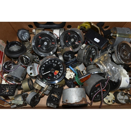 507 - THREE BOXES OF VINTAGE CAR PARTS AND ACCESSORIES ETC, to include four glass bowl fuel pumps, an AC t... 