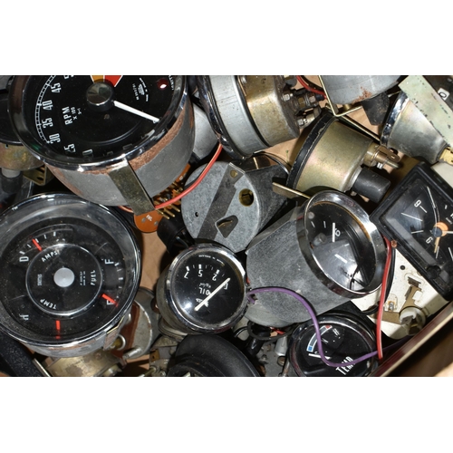 507 - THREE BOXES OF VINTAGE CAR PARTS AND ACCESSORIES ETC, to include four glass bowl fuel pumps, an AC t... 